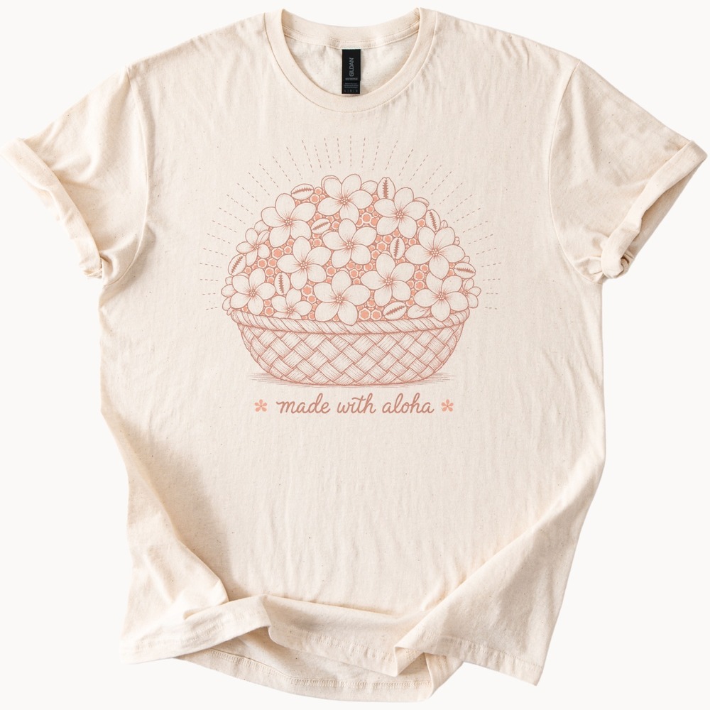 Botanical Basket Graphic Tee with Aloha Vibes Floral Line Art